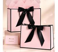 Ensemble de sacs cadeaux avec bordure rose & noire et nœud noir, 1 sac cadeau + papier de soie + carte de meilleurs vœux, sac de transport en papier portable, emballage cadeau premium, convient pour c