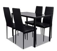 Ensemble de salle à manger 5 pièces noir, table à manger en verre trempé | Table de salle à manger moderne, sièges rembourrés doux, revêtement en cuir synthétique, plateau en verre trempé