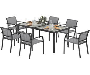 Ensemble de salle à manger 7 pièces, table de salle à manger pour 6 personnes avec 6 chaises empilables, ensemble de table de cuisine avec structure en acier Meubles de balcon Meubles de jardin pour t