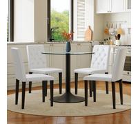 Ensemble de salle à manger avec table en verre de 85 cm de diamètre et 4 chaises en similicuir, ensemble de table à manger ronde 5 pièces, ensemble de salon avec verre de sécurité de 8 mm et pieds en