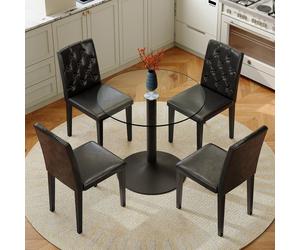 Ensemble de salle à manger avec table en verre de 85 cm de diamètre et 4 chaises en similicuir, ensemble de table à manger ronde 5 pièces, ensemble de salon avec verre de sécurité de 8 mm et pieds en