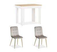 Ensemble de salle à manger blanc/chêne 90 x 60 cm avec 2 chaises en velours gris clair et piètement doré