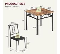 Ensemble de salle à manger composé de 3 pièces : table carrée pour cuisine, conçue pour 2 personnes, 2 chaises rembourrées, design compact, structure en bois, à assembler soi-même