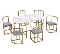 Ensemble de salle à manger comprenant une table et 6 chaises – Assises rembourrées – Table blanche avec structure métallique argentée