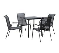 Ensemble de salle à manger de jardin 5 pièces, table en verre trempé 80x80x74 cm, 4 chaises en textilène noir, acier enduit de poudre, capacité 110 kg