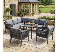 Ensemble de salle à manger de jardin, ensemble de mobilier de jardin, 8 personnes, configuration en L, fer galvanisé, plateau de table en verre, ensemble de cordes tressées à la main, comprenant une t