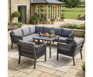 Ensemble de salle à manger de jardin, ensemble de mobilier de jardin, 8 personnes, configuration en L, fer galvanisé, plateau de table en verre, ensemble de cordes tressées à la main, comprenant une t