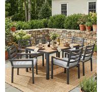 Ensemble de salle à manger de jardin, ensemble de mobilier de jardin, pour 6 personnes, composé d'une table et de 6 chaises, en fer galvanisé, plateau de table en bois synthétique, gris