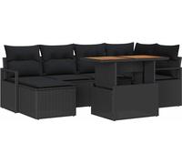 Ensemble de salle à manger de jardin modulaire 7 pièces, poly rotin, acier et acacia massif, 6 places, avec rangement, noir et marron