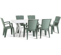 Ensemble de salle à manger d'extérieur avec table rectangulaire 200x95 cm et 6 chaises empilables en résine – design moderne aspect rotin, idéal pour le jardin, la terrasse et les espaces extérieurs c
