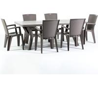 Ensemble de salle à manger d'extérieur avec table rectangulaire 200x95 cm et 6 chaises empilables en résine – design moderne aspect rotin, idéal pour le jardin, la terrasse et les espaces extérieurs c