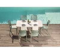 Ensemble de salle à manger d'extérieur comprenant une table rectangulaire de 158 x 84 cm et 6 chaises empilables en résine renforcée de fibre de verre – design moderne et coloré, idéal pour le jardin,