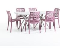 Ensemble de salle à manger d'extérieur comprenant une table rectangulaire de 158 x 84 cm et 6 chaises empilables en résine renforcée de fibre de verre – design moderne et coloré, idéal pour le jardin,