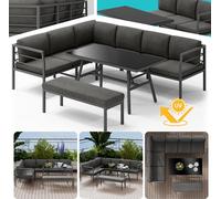 Ensemble de salle à manger en aluminium - Canapé d'angle avec banc & table, lounge résistant aux intempéries, gris