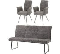 Set de salle à manger HWC-G55, set de 2 chaises avec accoudoirs+banc 180cm, inox brossé tissu/textile chenille gris foncé