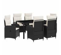 Ensemble de salle à manger moderne 7 pièces en polyrotin, table noire avec plateau en verre et chaises blanches crème, acier revêtu par poudre, coussins en polyester avec dossier réglable,