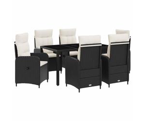Ensemble de salle à manger moderne 7 pièces en polyrotin, table noire avec plateau en verre et chaises blanches crème, acier revêtu par poudre, coussins en polyester avec dossier réglable,