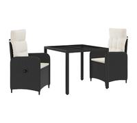 Ensemble de salle à manger moderne en polyrotin blanc crème noir 3 pièces, table avec plateau en verre et chaises dossier réglable, coussins en polyester, cadre en acier peint