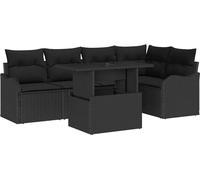 Ensemble de salle à manger modulaire pour jardin et terrasse, 6 places, poly rotin noir, coussins inclus, pieds réglables, verre trempé