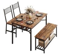 Ensemble de salle à manger pour 4 personnes : table rectangulaire de 120 cm, 2 chaises et un banc avec rangement, étagère à bouteilles et à vin, couleur marron