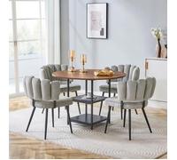 Ensemble de salle à manger ronde en aspect noyer, Table à manger avec 4 chaises tissu gris à texturé en forme de fleur