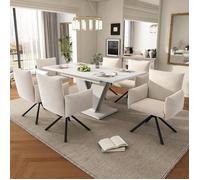 Ensemble de salle à manger - table extensible 120/160x80cm+6 chaises- pieds en V-revêtement velours-table blanche et chaises beiges