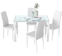 Ensemble de salle à manger : table rectangulaire avec 4 chaises - ensemble de 5 pièces - structure en bois - chaises en polyuréthane - idéal pour le salon - couleur : blanc