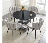 Ensemble de salle à manger : table ronde de 107 cm avec 2 étagères et 4 chaises rembourrées gris clair – Ensemble de table de salle à manger avec rangements, table de cuisine et ensemble de sièges, st