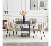 Ensemble de salle à manger : table ronde de 107 cm avec 2 étagères et 4 chaises rembourrées marron clair – Ensemble de salle à manger avec rangements, table de cuisine et ensemble de sièges, style ind