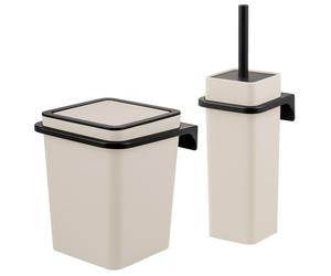 Ensemble de salle de bain 2 pièces SAVONA Softtouch de Bremermann, comprenant un support mural, une poubelle de salle de bain et un porte-brosse de toilettes, de forme carrée - beige