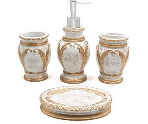 Ensemble de salle de bain 4 pièces blanc et or - pomme de douche, porte-brosse à dents, porte-savon et distributeur de savon
