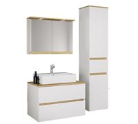 Ensemble de salle de bain 4 pièces comprenant vasque en céramique, meuble de salle de bain avec 2 tiroirs à fermeture amortie, colonne de rangement, armoire de toilette avec miroir, éclairage et prise