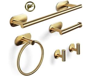 Ensemble de salle de bain 5 pièces avec porte-serviettes dorés à fixation par bandes adhésives