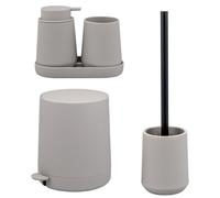 Ensemble de salle de bain 5 pièces eluno TESERO comprenant un distributeur de savon, un gobelet, un bol, une poubelle à cosmétiques et une brosse de toilette, en plastique taupe.