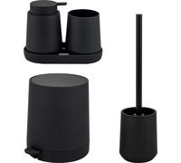 Ensemble de salle de bain 5 pièces eluno TESERO comprenant un distributeur de savon, un gobelet, un bol, une poubelle à cosmétiques et une brosse de toilette, en plastique noir.