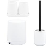 Ensemble de salle de bain 5 pièces eluno TESERO comprenant un distributeur de savon, un gobelet, un bol, une poubelle à cosmétiques et une brosse de toilette, en plastique blanc.