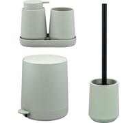 Ensemble de salle de bain 5 pièces eluno TESERO comprenant un distributeur de savon, un gobelet, un bol, une poubelle à cosmétiques et une brosse de toilette, en plastique vert sauge.