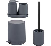 Ensemble de salle de bain 5 pièces eluno TESERO comprenant un distributeur de savon, un gobelet, un bol, une poubelle à cosmétiques et une brosse WC, en plastique gris.
