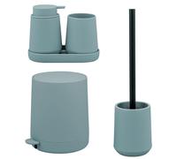 Ensemble de salle de bain 5 pièces eluno TESERO comprenant un distributeur de savon, un gobelet, une vasque, une poubelle de 4 litres et une brosse WC, en plastique bleu clair.