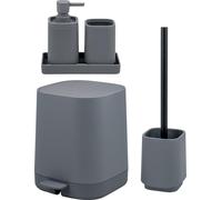 Ensemble de salle de bain 5 pièces eluno VALONA comprenant un distributeur de savon, un gobelet, un bol, une poubelle à cosmétiques et une brosse WC, en plastique gris.