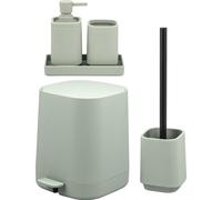 Ensemble de salle de bain 5 pièces eluno VALONA comprenant un distributeur de savon, un gobelet, un bol, une poubelle à cosmétiques et une brosse WC, en plastique vert sauge.