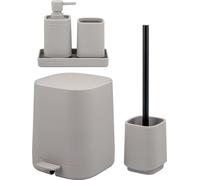 Ensemble de salle de bain 5 pièces eluno VALONA comprenant un distributeur de savon, un gobelet, un bol, une poubelle à cosmétiques et une brosse de toilette, en plastique taupe.