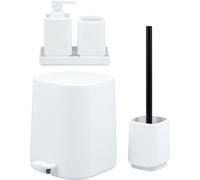 Ensemble de salle de bain 5 pièces eluno VALONA comprenant un distributeur de savon, un gobelet, un bol, une poubelle à cosmétiques et une brosse de toilette, en plastique blanc.