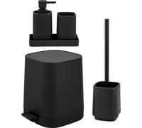 Ensemble de salle de bain 5 pièces eluno VALONA comprenant un distributeur de savon, un gobelet, un bol, une poubelle à cosmétiques et une brosse de toilette, en plastique noir.