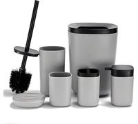 Ensemble de salle de bain 6 pièces gris comprenant une brosse, un gobelet, une poubelle, un support et un distributeur de savon