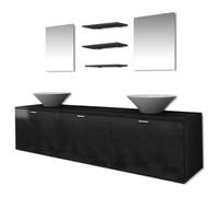 Ensemble de salle de bain 8 pièces noir meuble sous lavabo 180 x 45 cm | Meuble noir 180 x 45 cm, lavabos en céramique blanche, 3 tiroirs, 2 miroirs, bouchons pop-up inclus