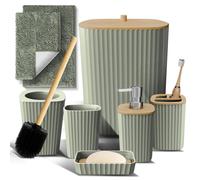 Ensemble de salle de bain 8 pièces, vert sauge, avec éléments en bambou, comprenant un tapis de bain et un distributeur de savon