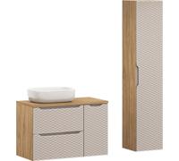 Ensemble De Salle De Bain 90 Cm Avec Lavabo Sur Plan Et Colonne – Chêne + Beige