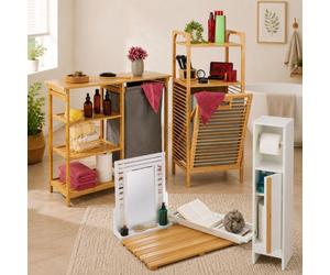 Ensemble de salle de bain Bamboo Spa (4 pièces) – Étagère à linge, plateau de baignoire et porte-rouleau