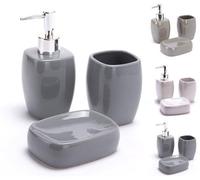 Ensemble de salle de bain Benzoa® en 3 pièces, composé de céramique et de plastique : distributeur de savon (7x6x15 cm), porte-savon (11x8x3 cm) et gobelet à brosse à dents (Ø7,5 cm x H9,5 cm), de cou